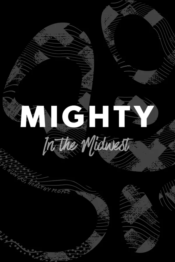 Mighty in The Midwest wordmark overlayed black and white swirling wavy texture